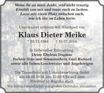 Traueranzeige von Klaus Dieter Meike von WVG - Wochenspiegel Bitterfeld