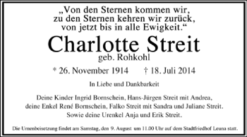 Traueranzeige von Charlotte Streit von Super Sonntag Merseburg
