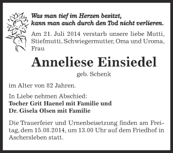 Traueranzeige von Anneliese Einsiedel von Super Sonntag Aschersleben