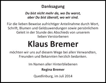 Traueranzeige von Klaus Bremer von WVG - Wochenspiegel Quedlinburg