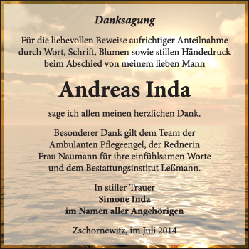 Traueranzeige von Andreas Inda von WVG - Wochenspiegel Wittenberg