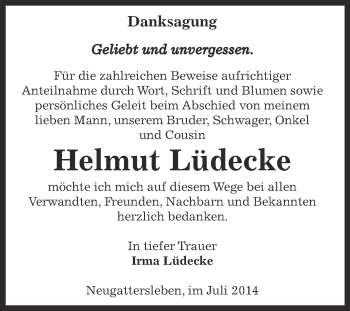 Traueranzeige von Helmut Lüdecke von Super Sonntag Bernburg