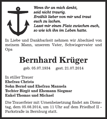 Traueranzeige von Bernhard Krüger von Super Sonntag Bernburg