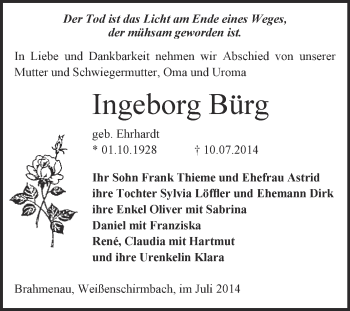 Traueranzeige von Ingeborg Bürg von WVG - Wochenspiegel Merseburg