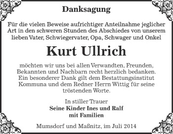 Traueranzeige von Kurt Ullrich von Super Sonntag Zeitz