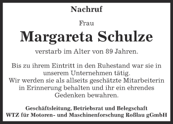 Traueranzeige von Margareta Schulze von WVG - Wochenspiegel Dessau / Köthen