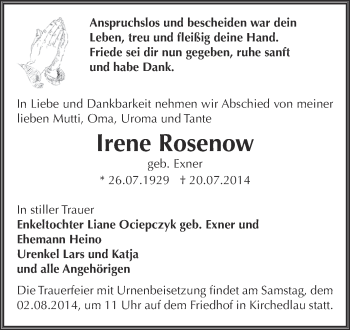 Traueranzeige von Irene Rosenow von Super Sonntag Bernburg