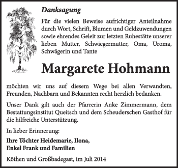 Traueranzeige von Margarete Hohmann von Super Sonntag Dessau / Köthen