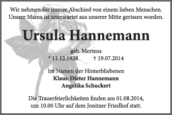 Traueranzeige von Ursula Hannemann von Super Sonntag Dessau / Köthen