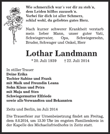 Traueranzeige von Lothar Landmann von Super Sonntag Zeitz