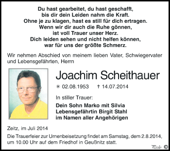 Traueranzeige von Joachim Scheithauer von WVG - Wochenspiegel NMB / WSF / ZTZ