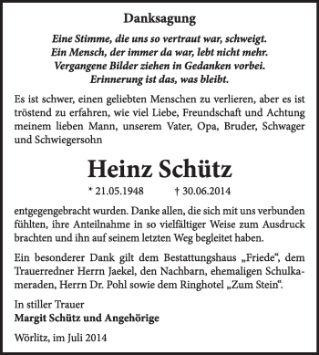 Traueranzeige von Heinz Schütz von Super Sonntag Dessau / Köthen