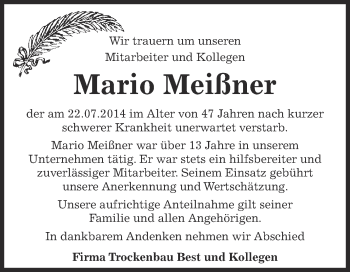 Traueranzeige von Mario Meißner von Super Sonntag Zeitz