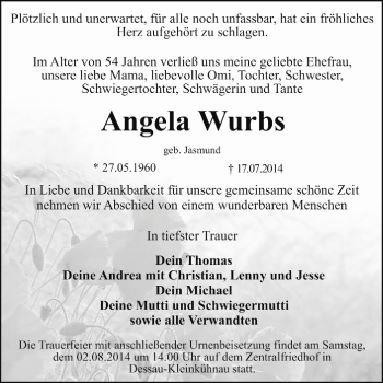 Traueranzeige von Angela Wurbs von Super Sonntag Dessau / Köthen