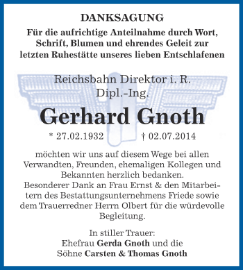 Traueranzeige von Gerhard Gnoth von WVG - Wochenspiegel Dessau / Köthen