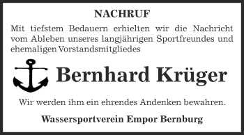 Traueranzeige von Bernhard Krüger von Super Sonntag Bernburg