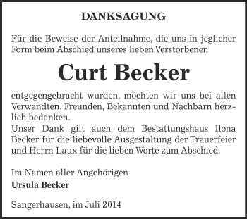 Traueranzeige von Curt Becker von Super Sonntag SGH Mansf. Land