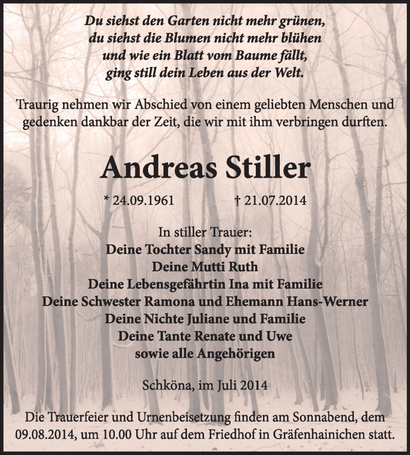  Traueranzeige für Andreas Stiller vom 27.07.2014 aus WVG - Wochenspiegel Wittenberg