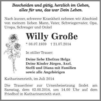 Traueranzeige von Willy Große von WVG - Wochenspiegel SGH