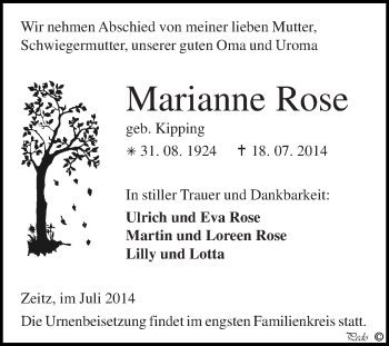 Traueranzeige von Marianne Rose von Super Sonntag Zeitz