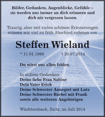 Traueranzeige von Steffen Wieland von Super Sonntag Zeitz
