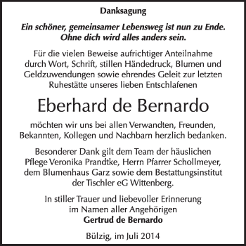 Traueranzeige von Eberhard de Bernardo von WVG - Wochenspiegel Wittenberg