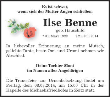 Traueranzeige von Ilse Benne von Super Sonntag Zeitz