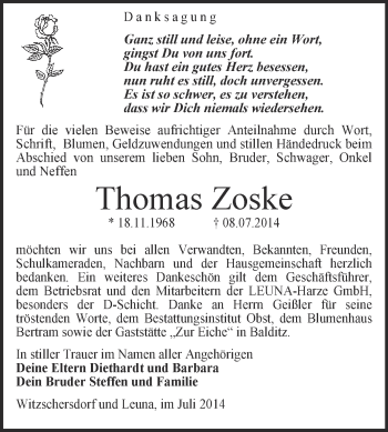 Traueranzeige von Thomas Zoske von Super Sonntag Merseburg
