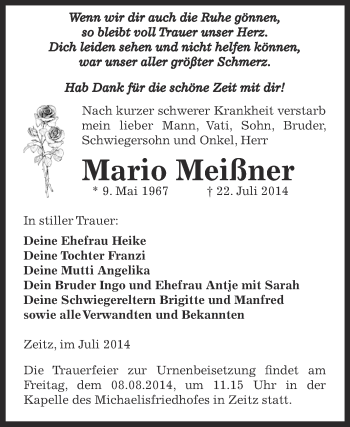 Traueranzeige von Mario Meißner von Super Sonntag Zeitz