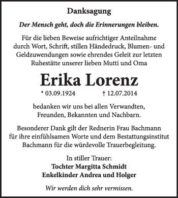 Traueranzeige von Erika Lorenz von Super Sonntag Dessau / Köthen