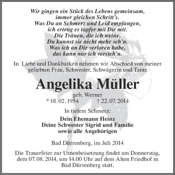 Traueranzeige von Angelika Müller von Super Sonntag Merseburg