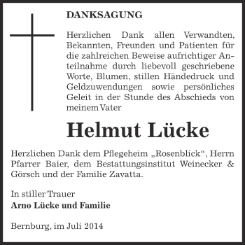 Traueranzeige von Helmut Lücke von Super Sonntag Bernburg
