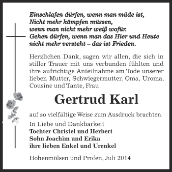 Traueranzeige von Gertrud Karl von Super Sonntag Zeitz