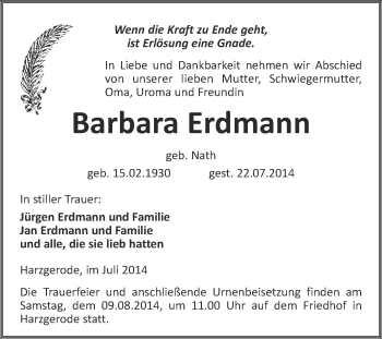 Traueranzeige von Barbara Erdmann von Super Sonntag Quedlinburg