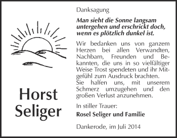 Traueranzeige von Horst Seliger von WVG - Wochenspiegel Quedlinburg