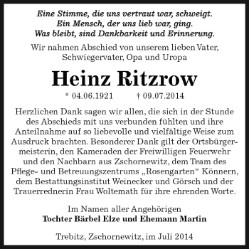 Traueranzeige von Heinz Ritzrow von Super Sonntag Bernburg