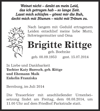 Traueranzeige von Brigitte Rittge von Super Sonntag Bernburg