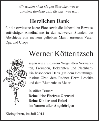 Traueranzeige von Werner Kötteritzsch von Super Sonntag Merseburg