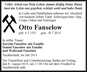 Traueranzeige von Otto Fanselow von Super Sonntag Aschersleben