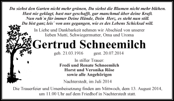Traueranzeige von Gertrud Schneemilch von Super Sonntag Aschersleben