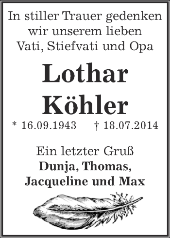 Traueranzeige von Lothar Köhler von Super Sonntag Zeitz