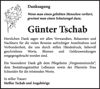 Traueranzeige von Günter Tschab von WVG - Wochenspiegel Wittenberg