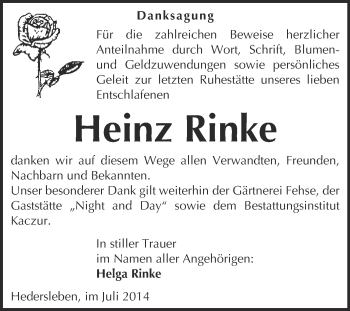 Traueranzeige von Heinz Rinke von WVG - Wochenspiegel Quedlinburg