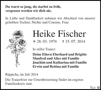Traueranzeige von Heike Fischer von Super Sonntag Zeitz