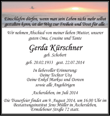 Traueranzeige von Gerda Kürschner von Super Sonntag Aschersleben