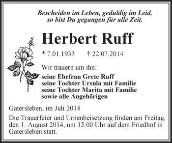 Traueranzeige von Herbert Ruff von Super Sonntag Aschersleben