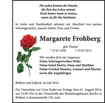 Traueranzeige von Margarete Frohberg von Super Sonntag Dessau / Köthen