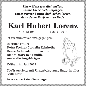 Traueranzeige von Karl Hubert Lorenz von WVG - Wochenspiegel Dessau / Köthen