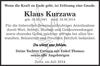 Traueranzeige von Klaus Kurzawa von Super Sonntag Zeitz