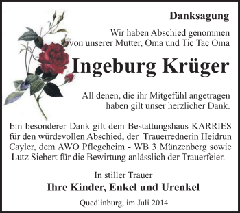 Traueranzeige von Ingeburg Krüger von WVG - Wochenspiegel Quedlinburg